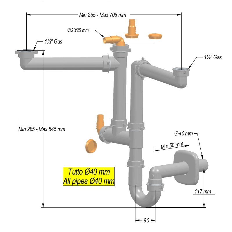 Vidage évier 1 cuve, siphon gain de place LIRA 9.1279.07 Vidage évier 1 cuve, siphon gain de place LIRA 9.1279.07