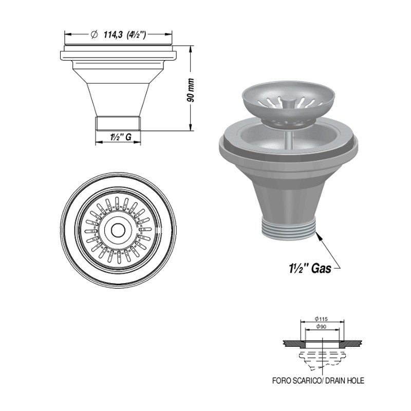 Piletta Basket LIRA Salva Spazio Per Lavelli - Con Troppo Pieno Tondo, Adatta Per Inox, Sintetici E Ceramica